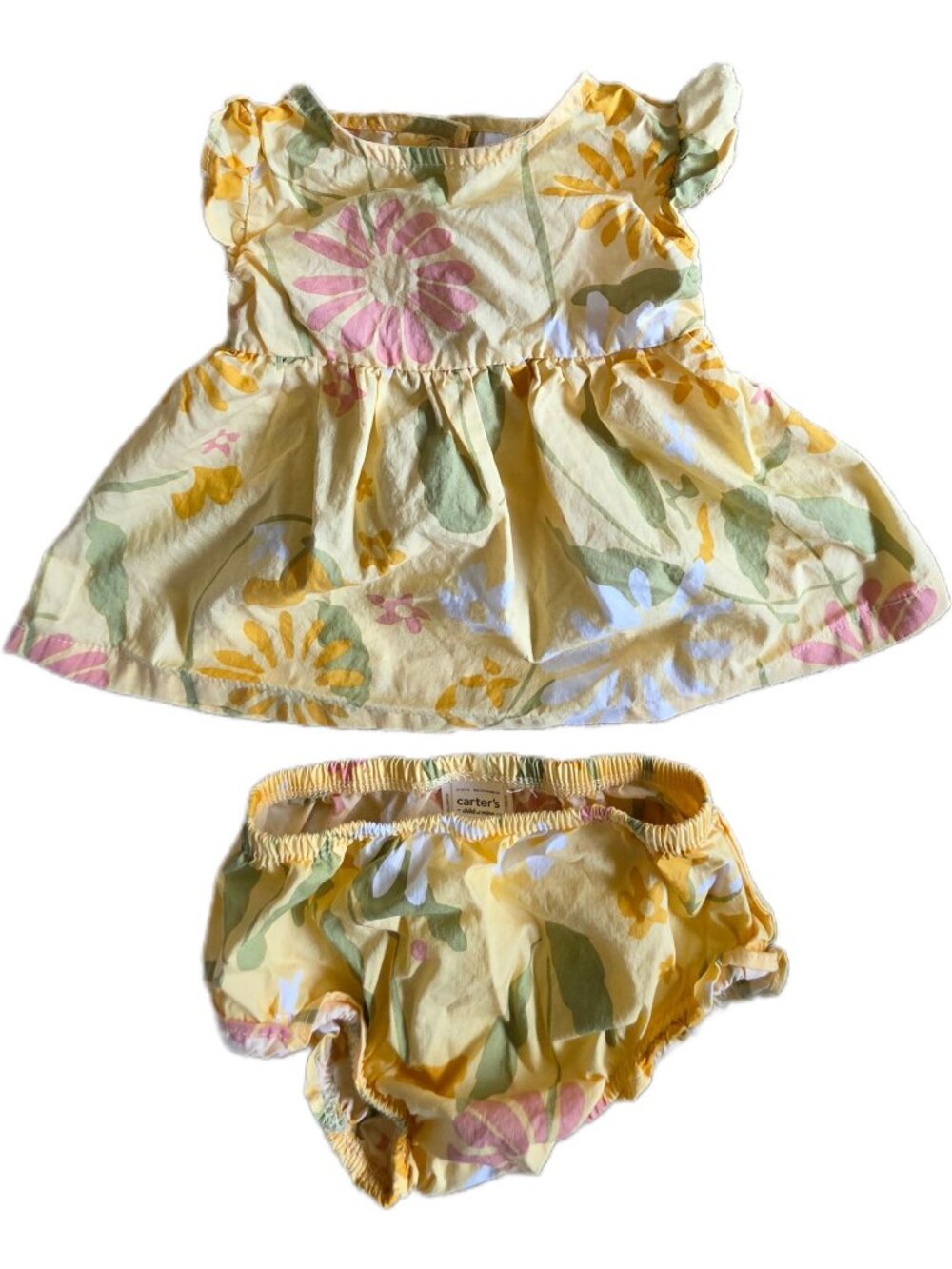 Carter’s Child of Mine Baby Girl Floral Dress Bloomer Set 12M Yellow Summer GUC